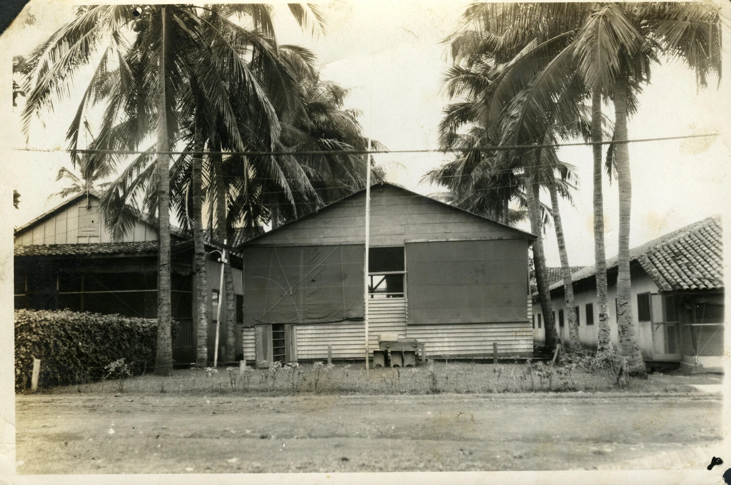 Wooden Barracks Building Under Palm Trees, Tropical Military Installation