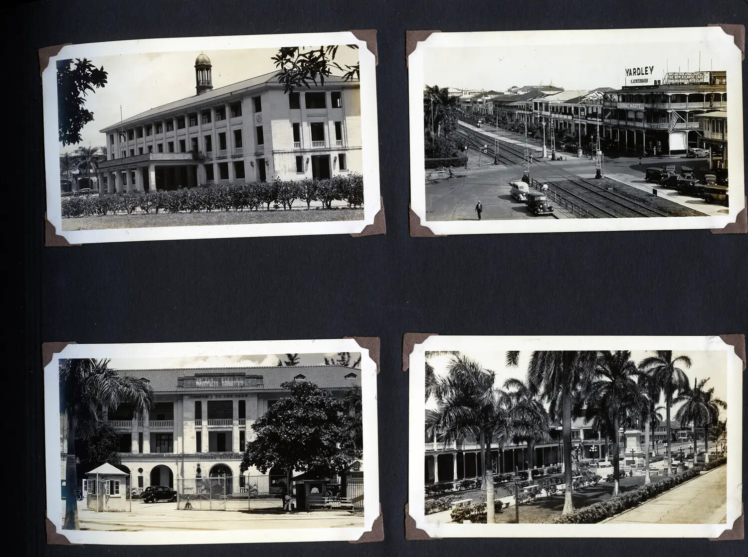 Panama Canal Zone Album Page: Administration Building, Colon Street Scene, Port Captain's Office, and Palm-Lined Plaza, WWII Era