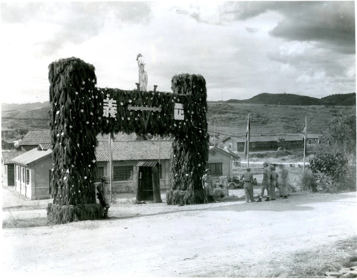 Victory Arch with Statue of Liberty Cutout at Allied Base, China-Burma-India Theater, World War II Era