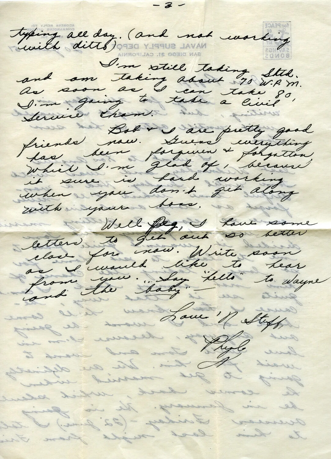 Handwritten Letter, Page 3, Naval Supply Depot San Diego Stationery, Korean War Era