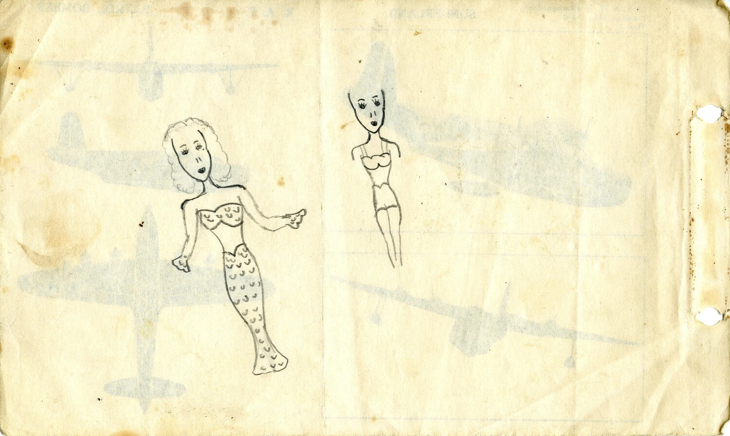 Hand-Drawn Pin-Up Doodles on Reverse of 1942 USNTS Aircraft Recognition Manual Page