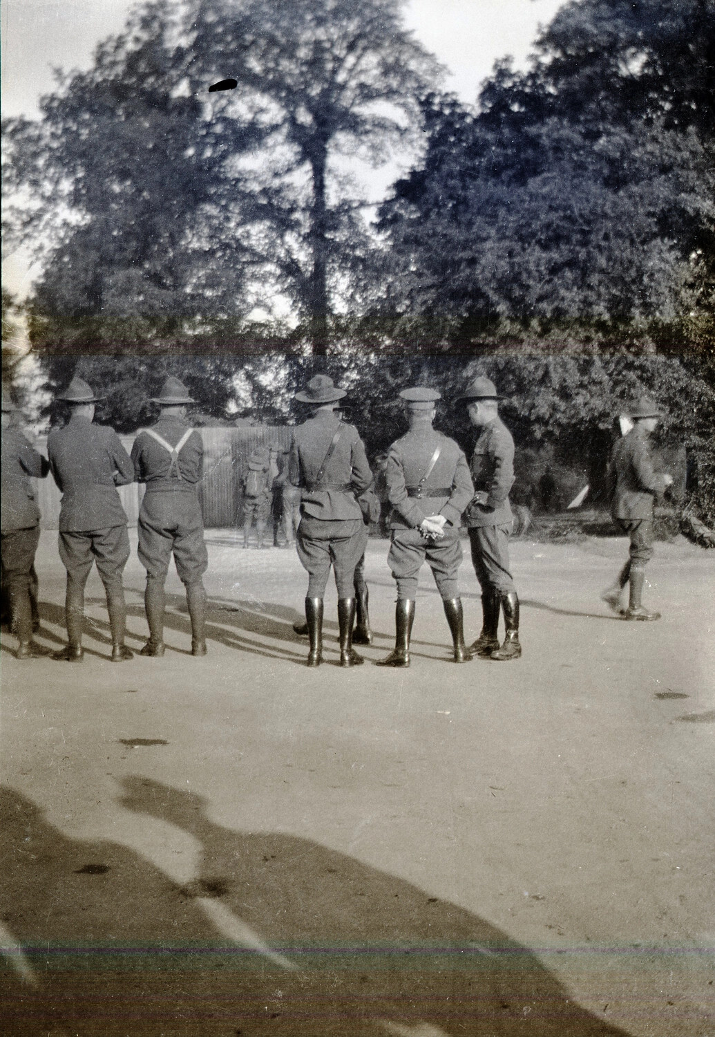 WWI American Officers Gathered Outdoors, Rear View — France, c. 1917-1918