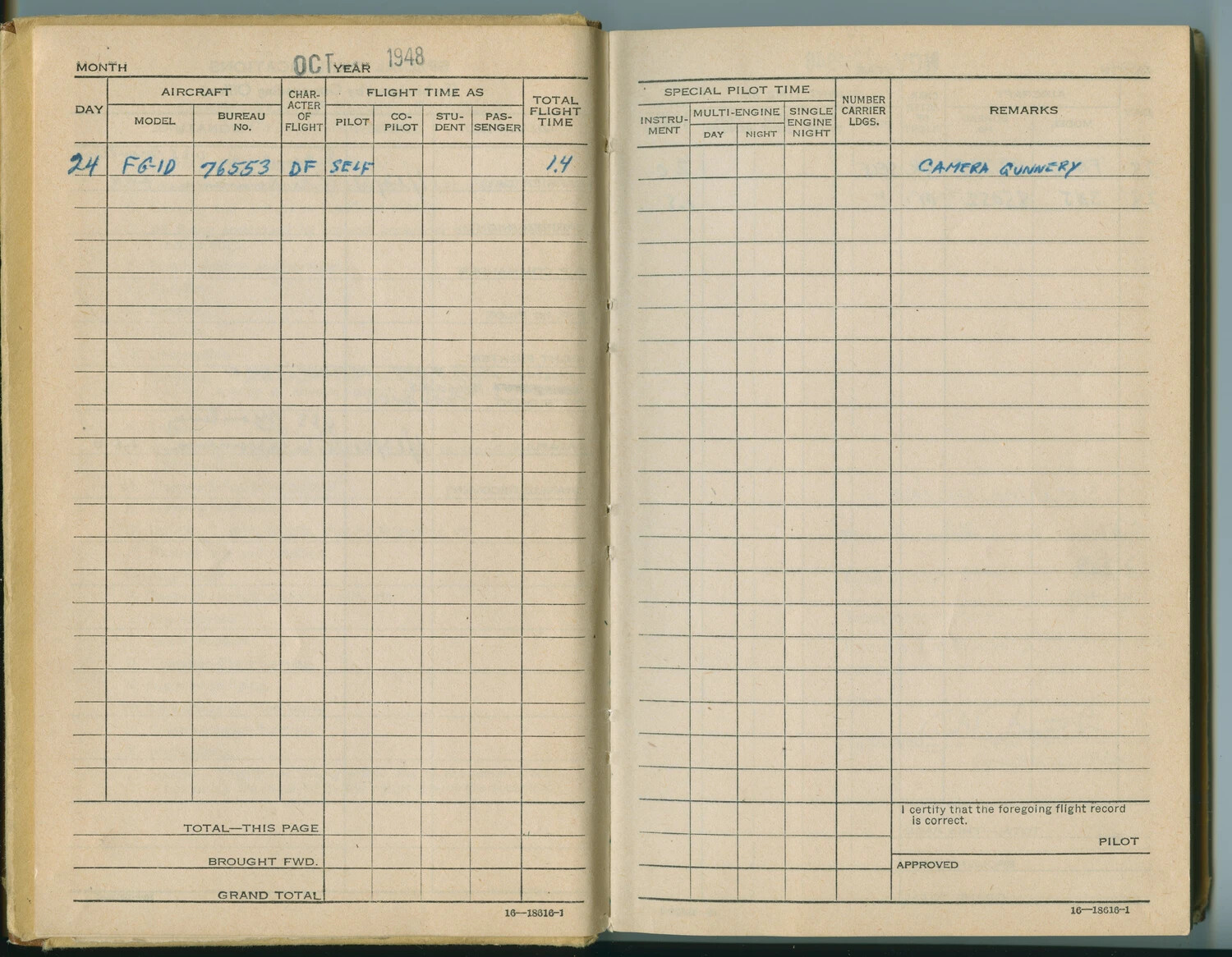 McAleer Flight Log Book, October 1948 - Camera Gunnery Training in FG-1D Corsair