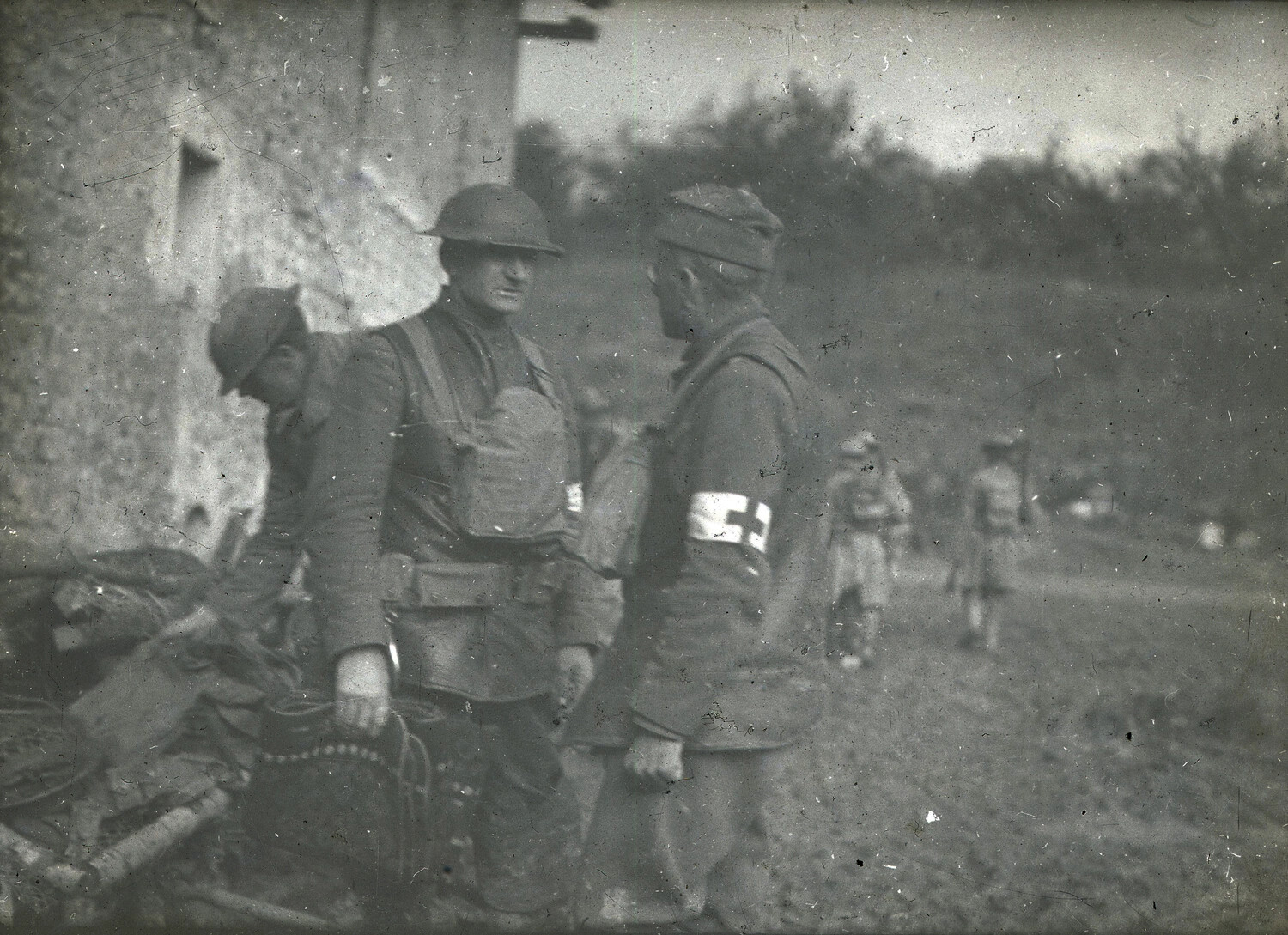 Soldier and Medical Orderly in Conversation, France, World War I