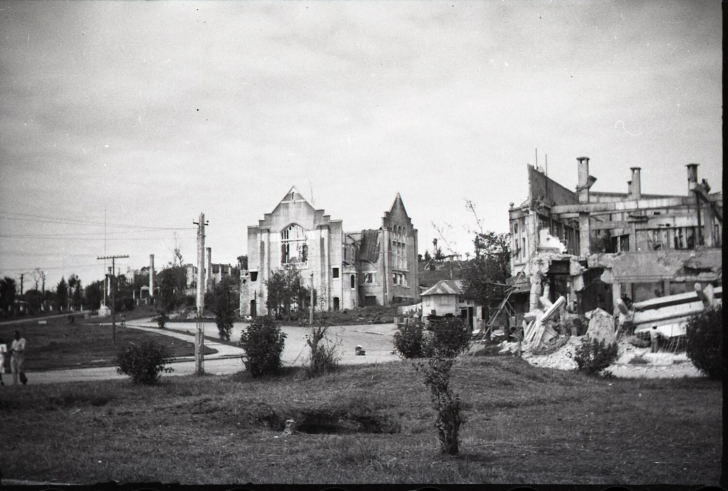 War-Ravaged Church and Building Ruins on Manila Street, Luzon, Philippines, WWII