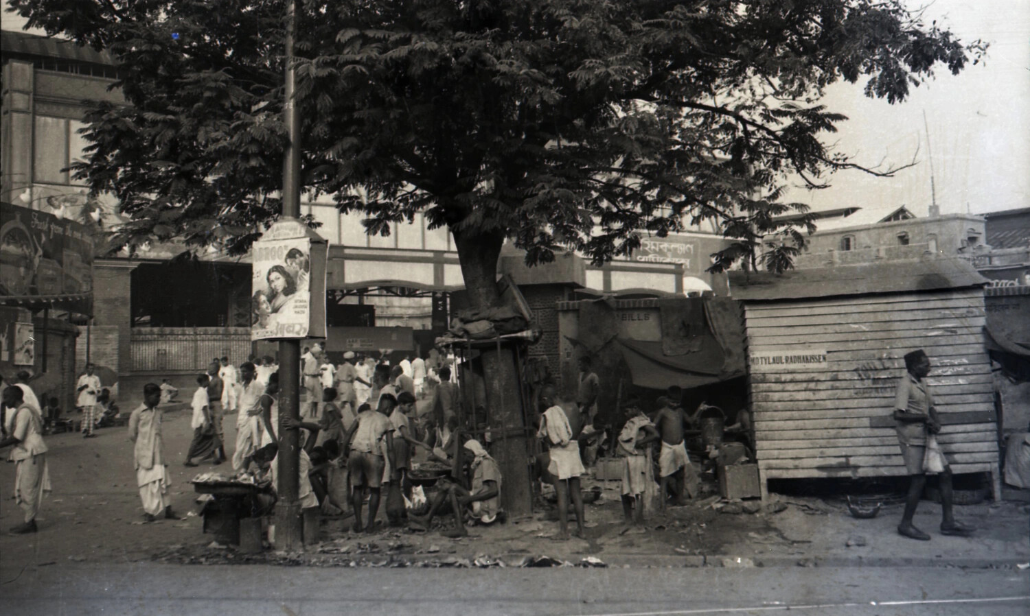 Street Market Scene Beneath Shade Tree, Likely Calcutta, WWII China-Burma-India Theater