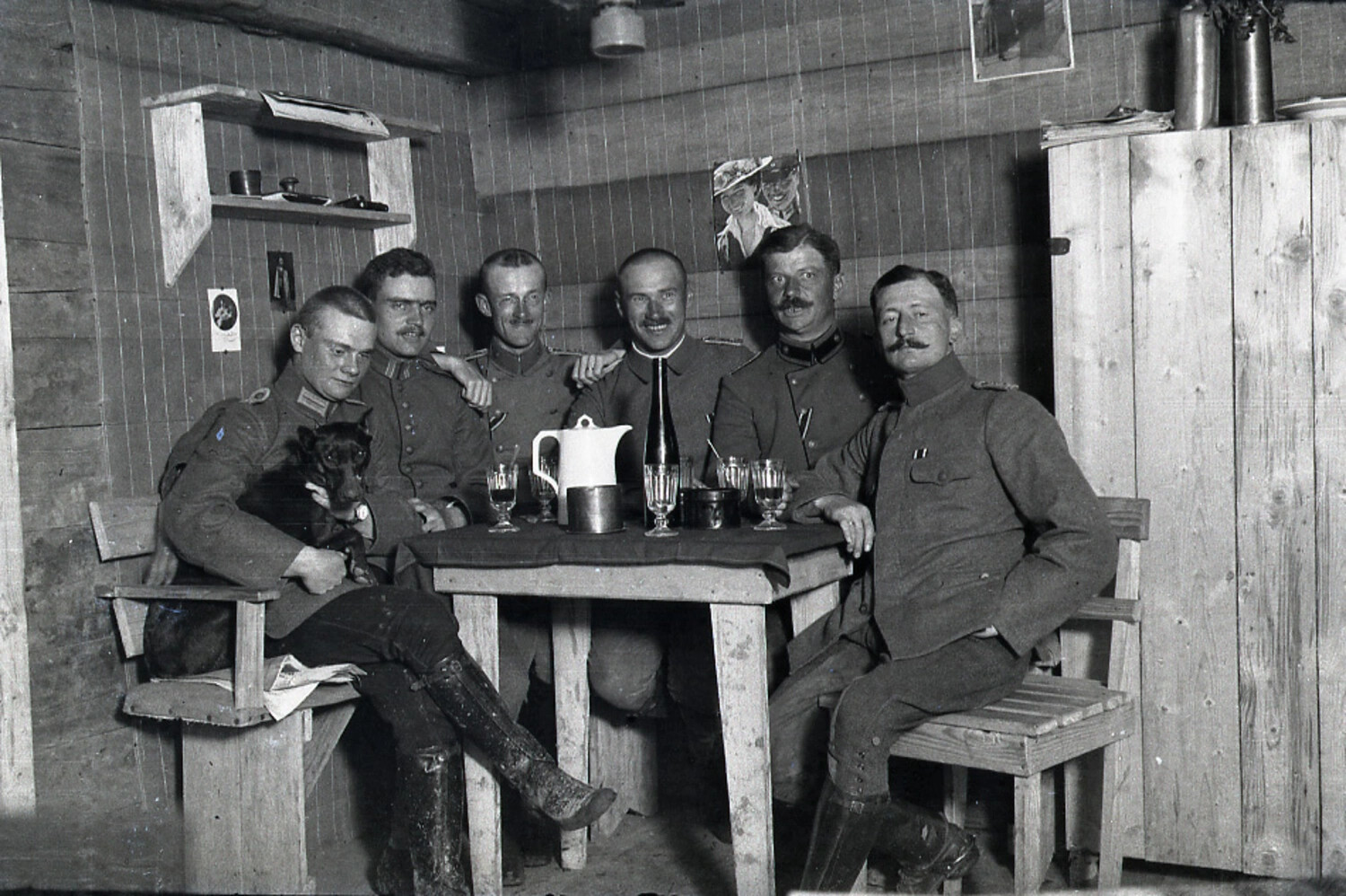 Group Portrait of German Army Personnel in a Dugout or Billet, World War I