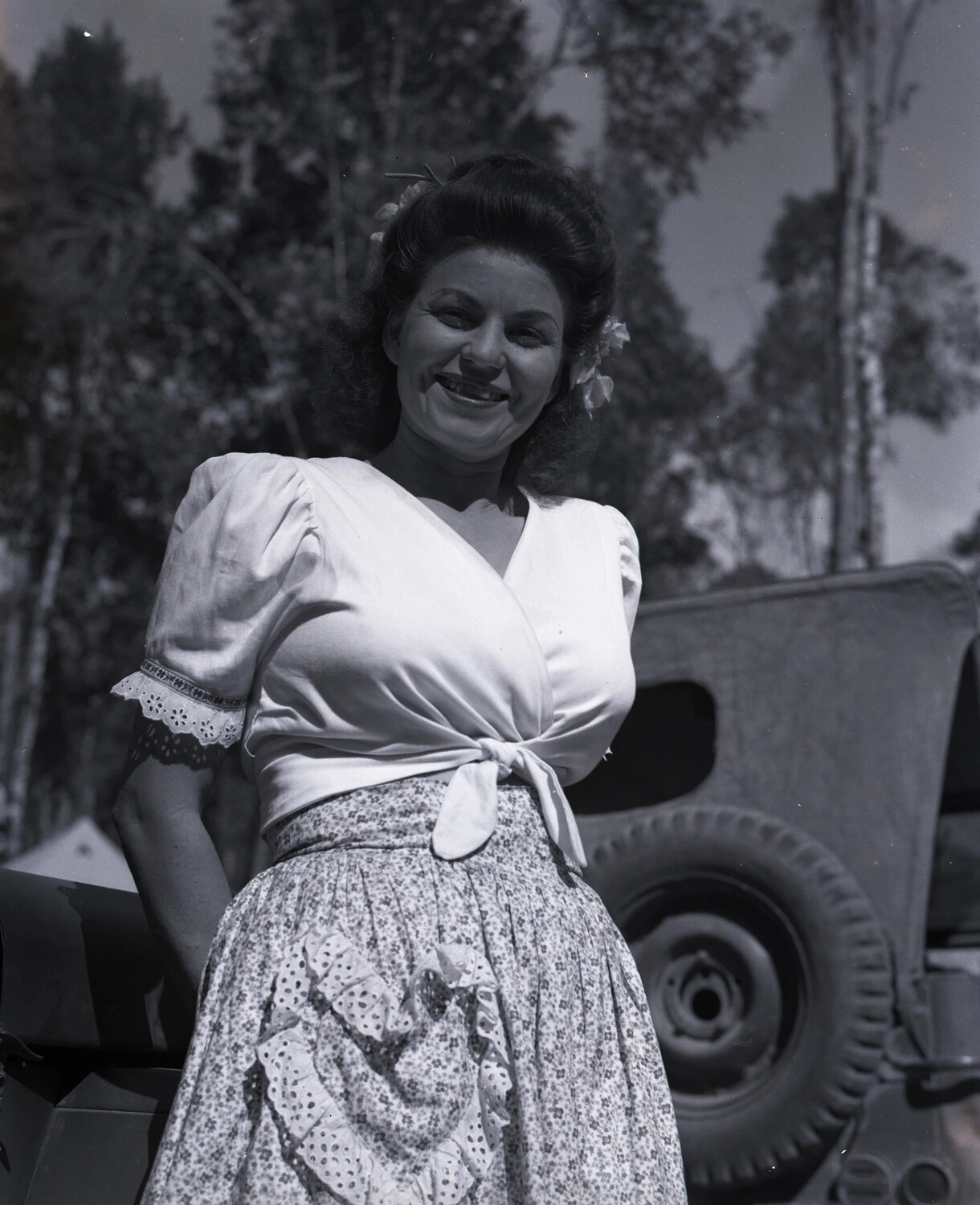 Portrait of a Visiting Woman with Military Jeep, Myitkyina, Burma, WWII Era