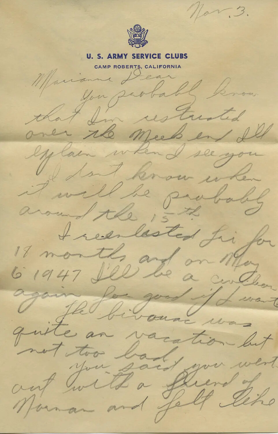 Handwritten Letter from Camp Roberts, California to 'Marianne,' Dated Nov. 3 - Moon Sammiet WWII Letters Collection