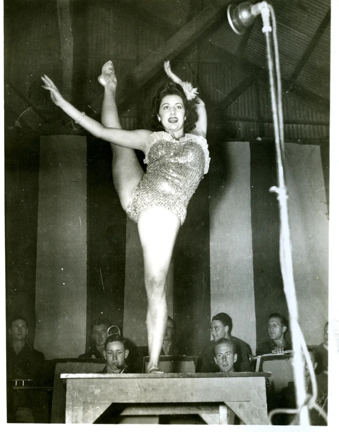 USO-Style Entertainer Performing High-Kick Dance for Troops, China-Burma-India Theater, WWII