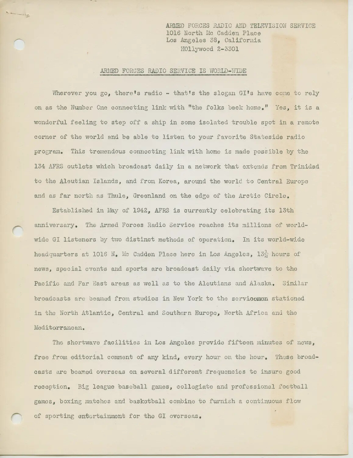 Armed Forces Radio and Television Service Press Release, 'Armed Forces Radio Service is World-Wide,' circa 1955