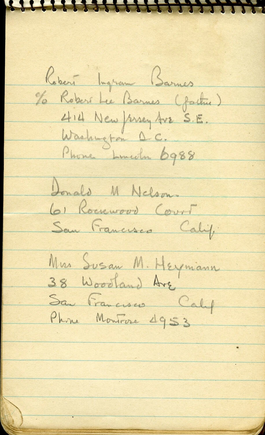 Handwritten Address Book Page: Personal Contacts in Washington, D.C. and San Francisco