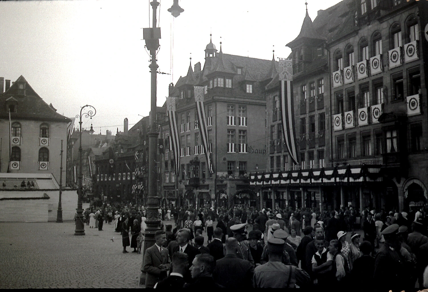 Decorated German Market Square with Crowds, Possibly Nuremberg, 1930s