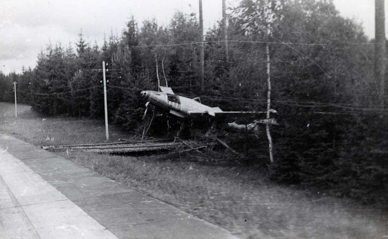 Wrecked German Fighter Aircraft Crashed into Roadside Trees, European Theater, WWII