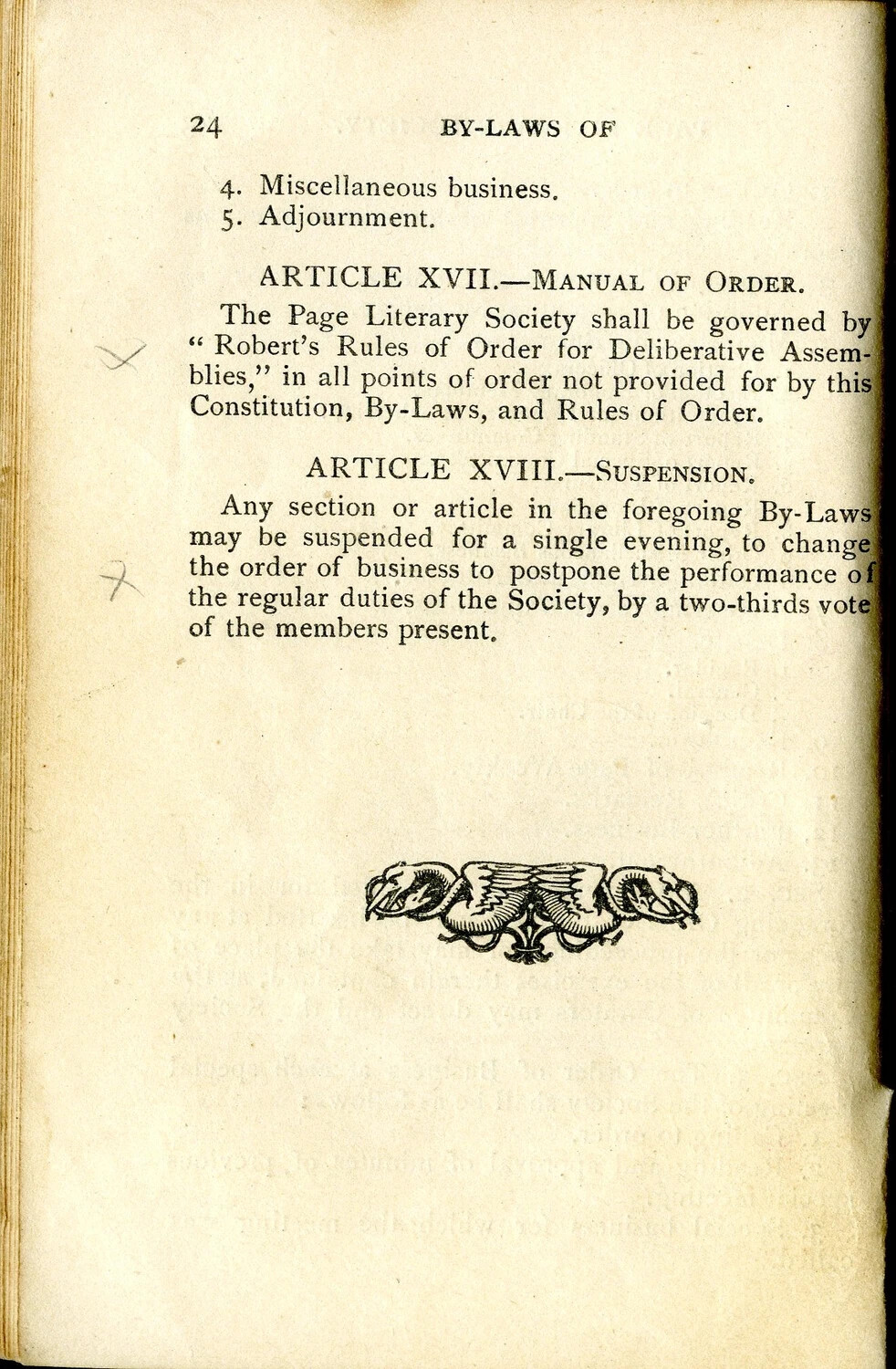Page 24 of the Page Literary Society By-Laws Booklet, Articles XVII-XVIII