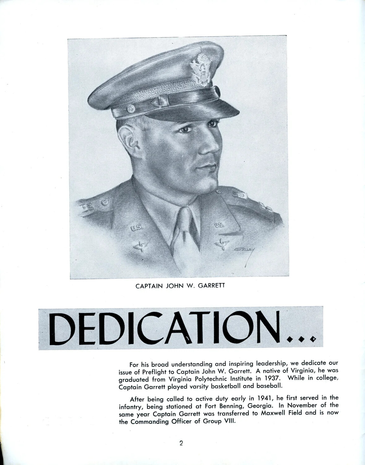 Dedication to Captain John W. Garrett - Preflight Class 44-F Training Booklet, Page 2