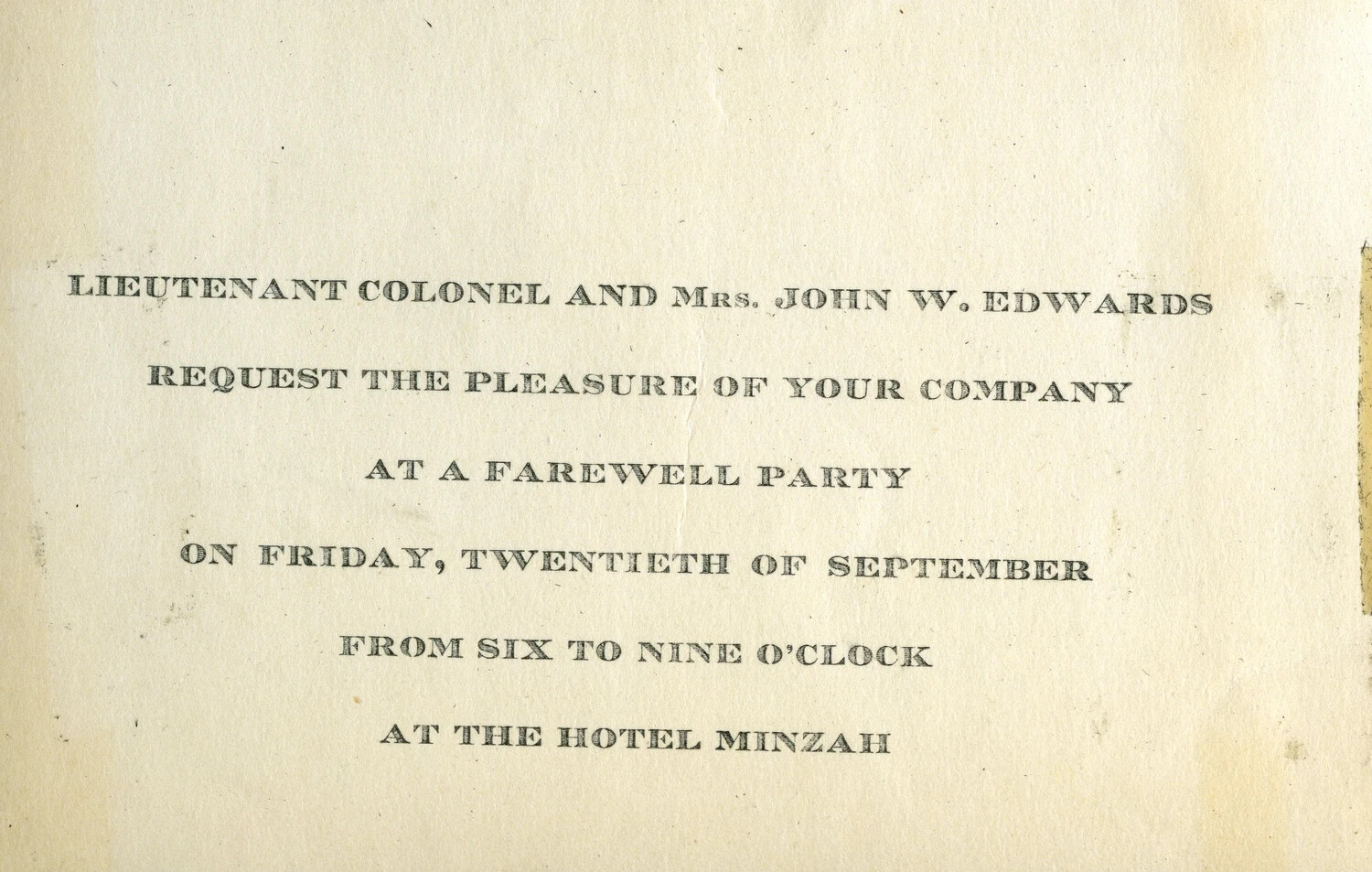 Farewell Party Invitation, Lt. Col. and Mrs. John W. Edwards, Hotel Minzah
