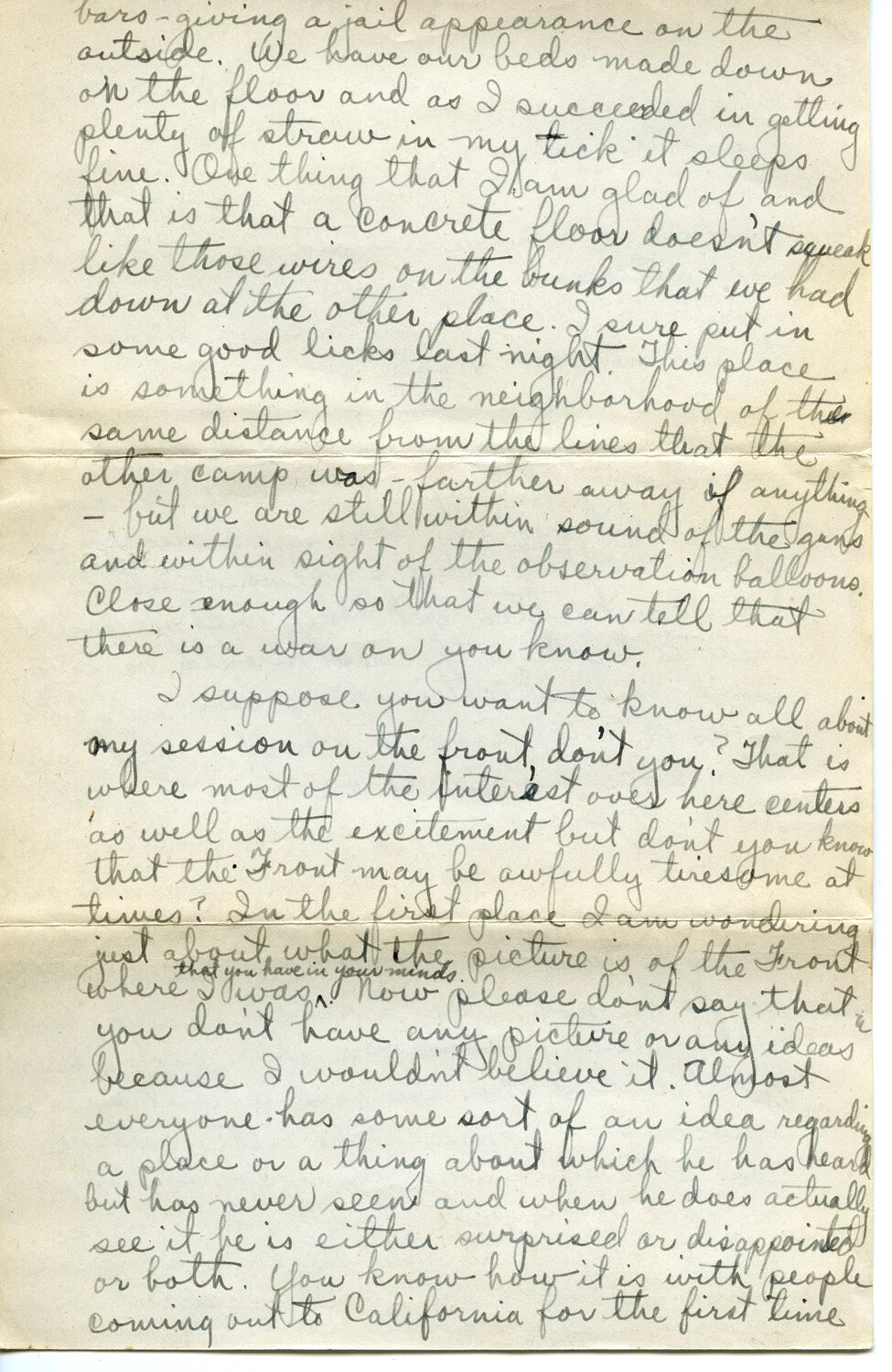 Handwritten WWI Letter, Page 3 (Letter 5C): Pvt. Willis W. Wagener to His Son, Describing Camp Conditions and Reflections on the Front