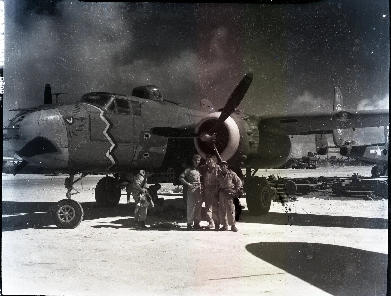 B-25 Mitchell Strafer with Shark/Tiger-Face Nose Art and Crew, 345th Bombardment Group, Pacific Theater, WWII