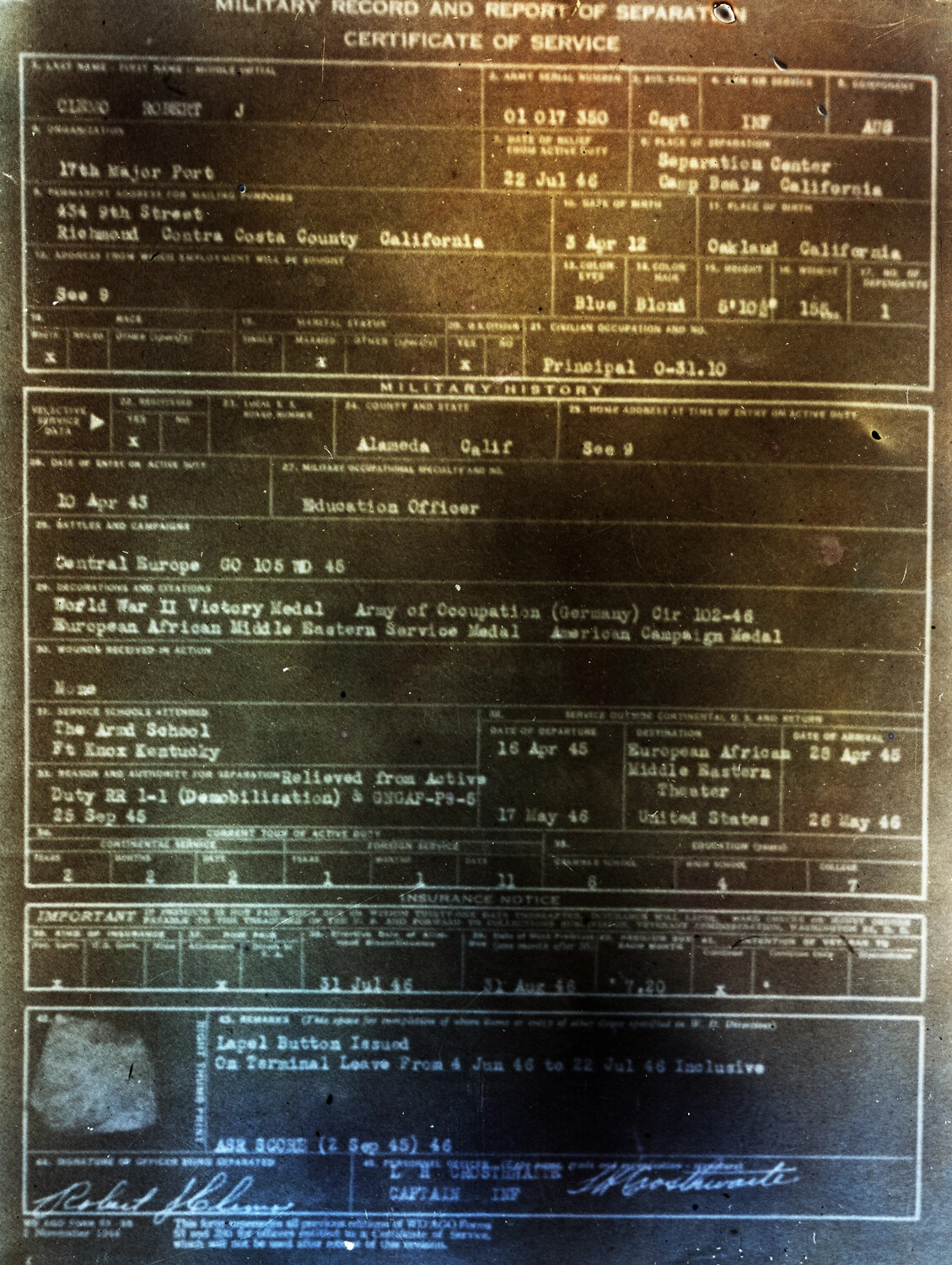 WD AGO Certificate of Service (Report of Separation) for Captain Robert J. Clero, U.S. Army, 1946