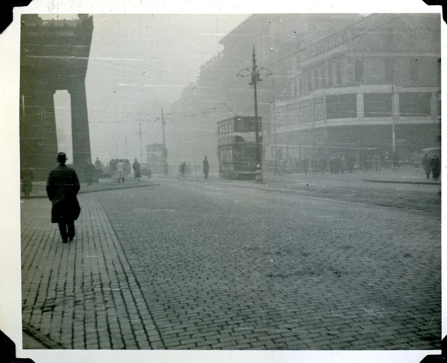 Foggy City Street Scene with Double-Decker Tram, Signal Corps Photo Album