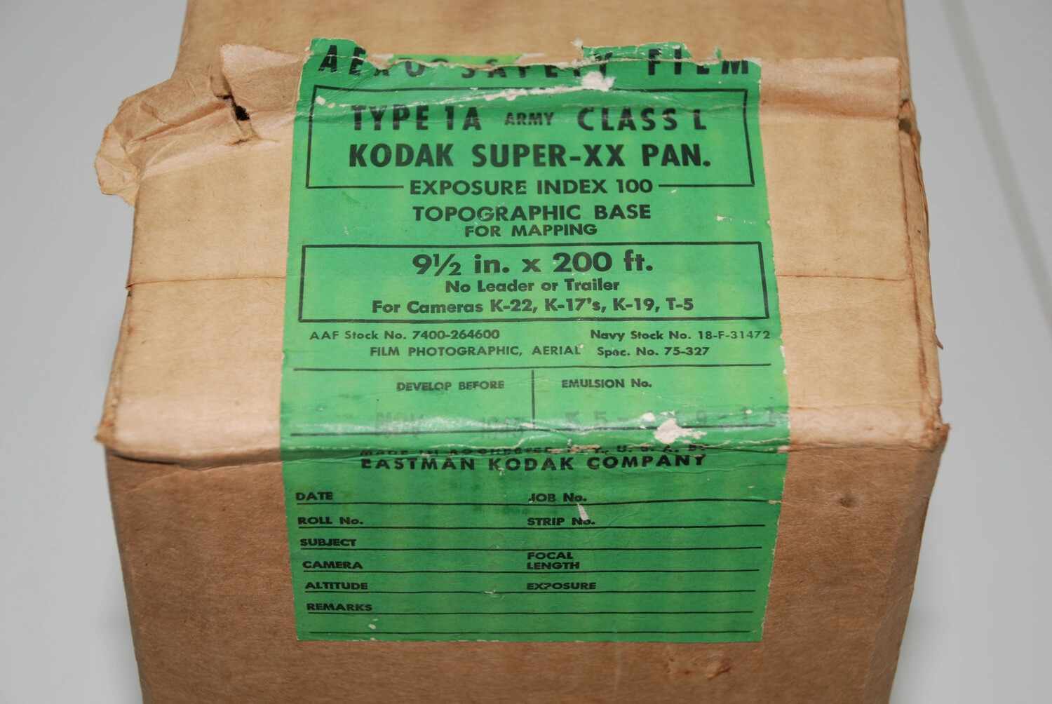 Kodak Aero Safety Film Box, Type 1A Class L Super-XX Pan, WWII Military Aerial Film Stock
