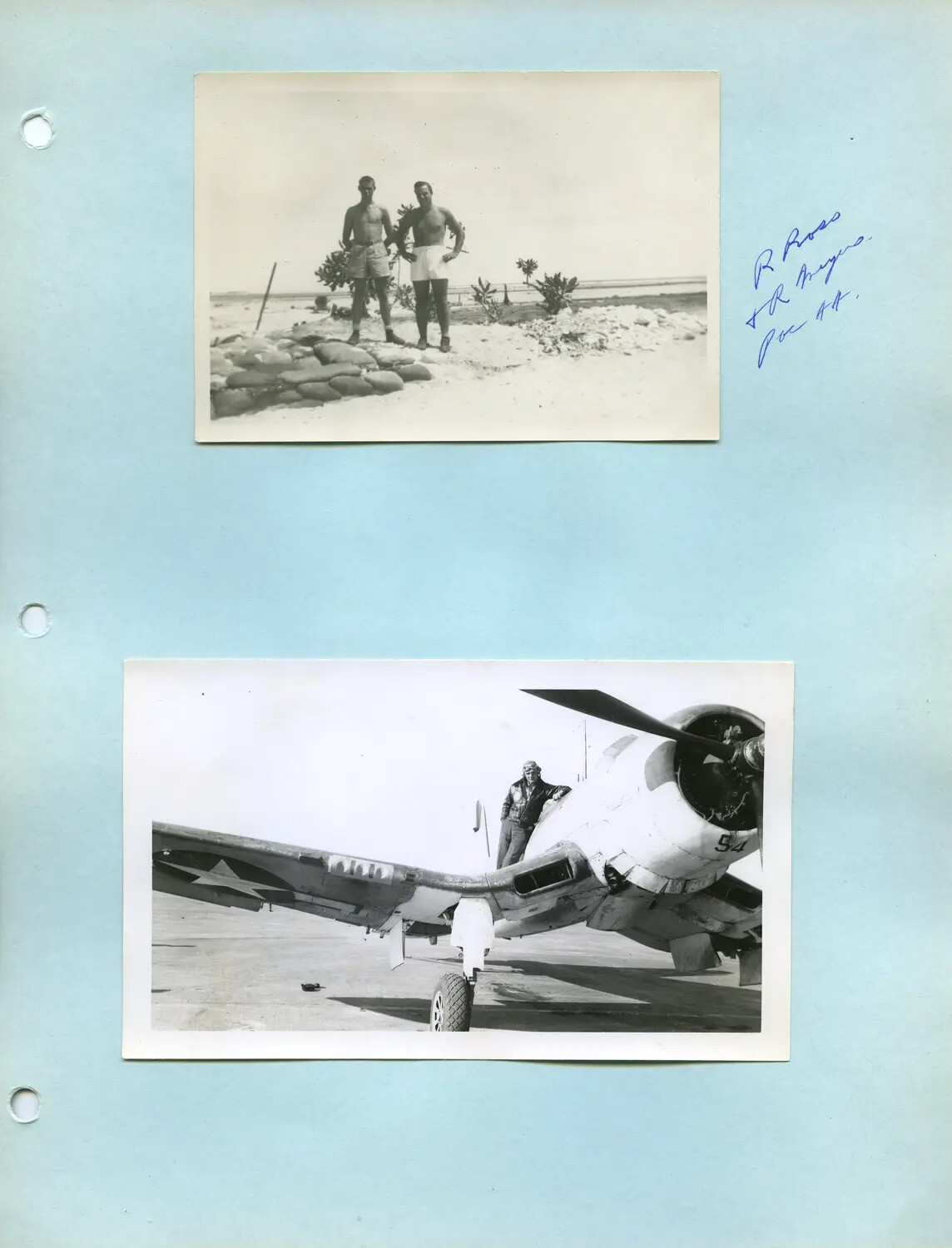 WWII Album Page: Servicemen at Pacific Beach Encampment and Navy Fighter Aircraft No. 54