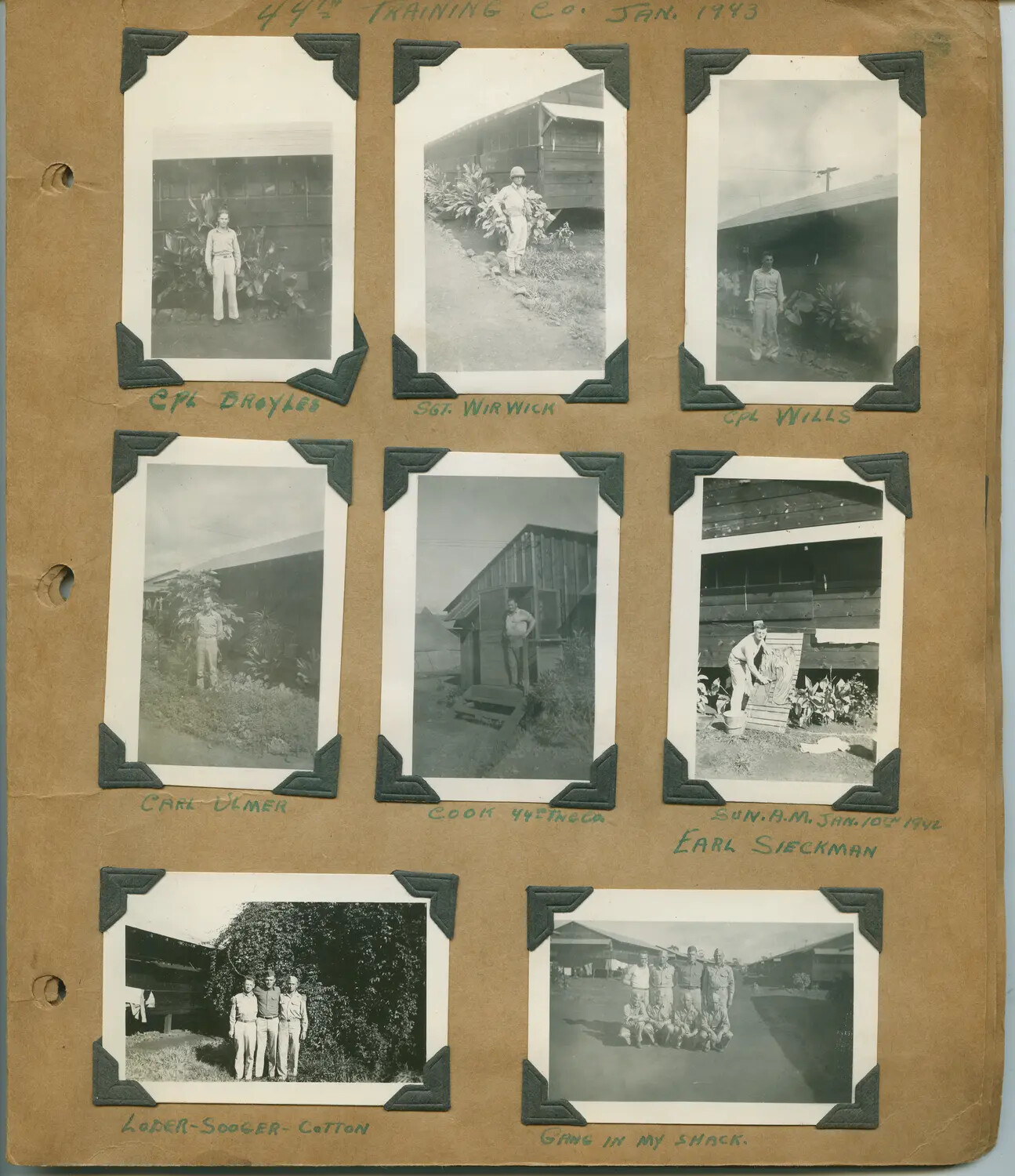 Album Page: '44th Training Co., Jan. 1943' — U.S. Army Engineer Company Snapshots, Hawaii, World War II