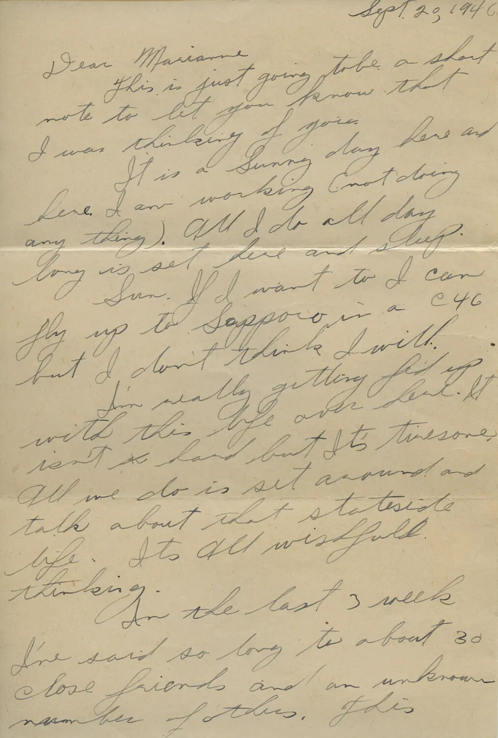 Handwritten Letter to 'Marianne' from Occupied Japan, Dated September 20, 1946 (Moon Sammiet Collection)