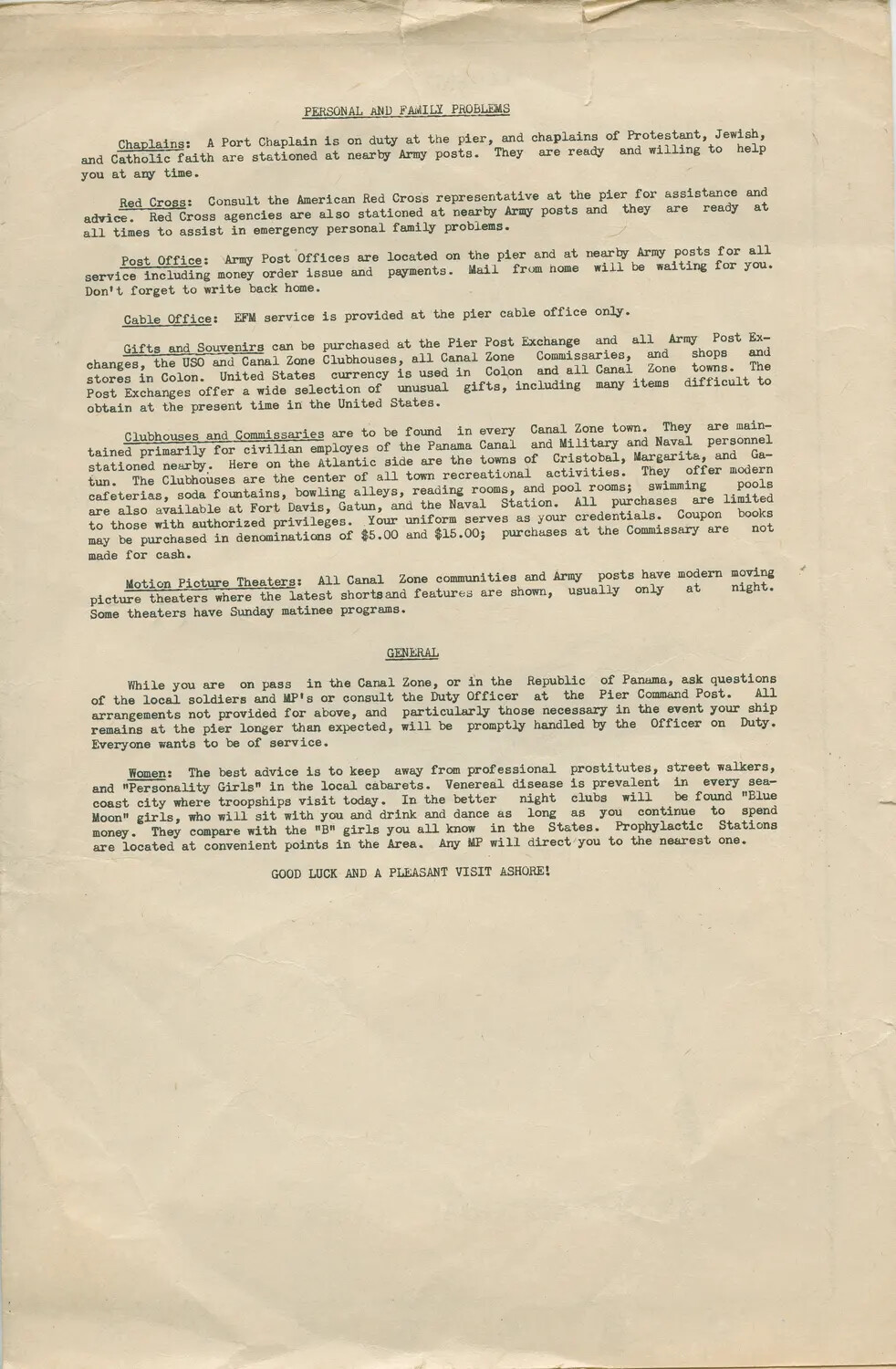 Typewritten Shore Leave and Port Information Sheet, Panama Canal Zone, WWII (USS Petrof Bay CVE-80 Collection)