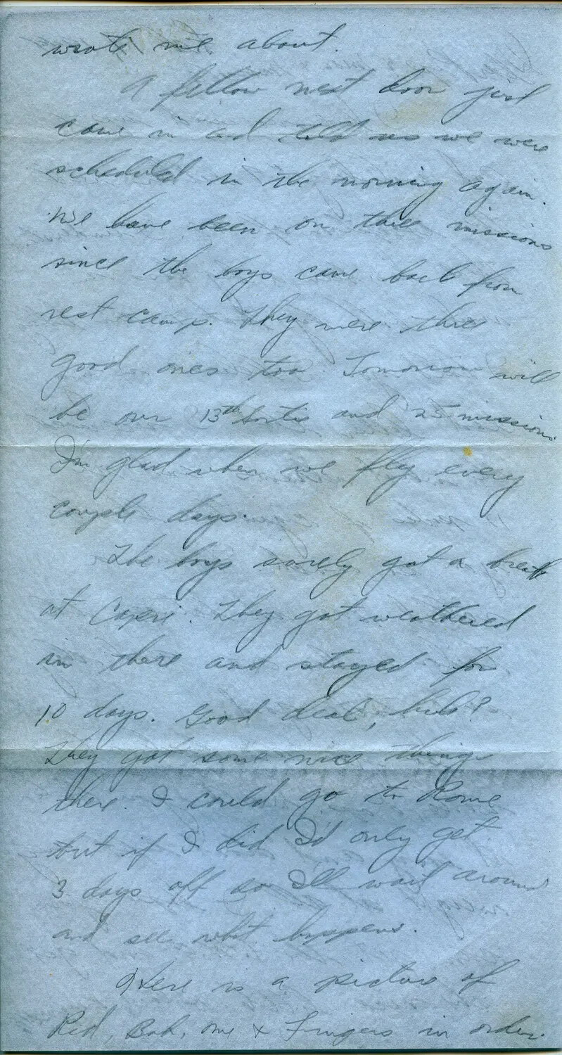 Handwritten WWII Letter from B-24 Liberator Crewman Describing Combat Missions and Rest Leave, 1944 (Margaroli Correspondence)