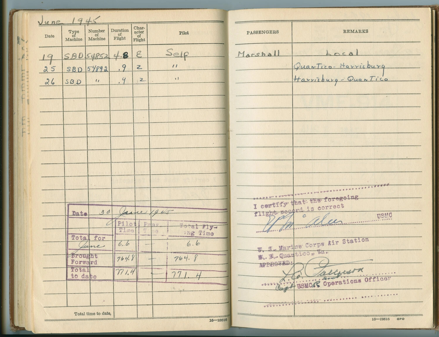 USMC Aviator's Flight Logbook, June 1945 Entries -- SBD Dauntless Flights, MCAS Quantico