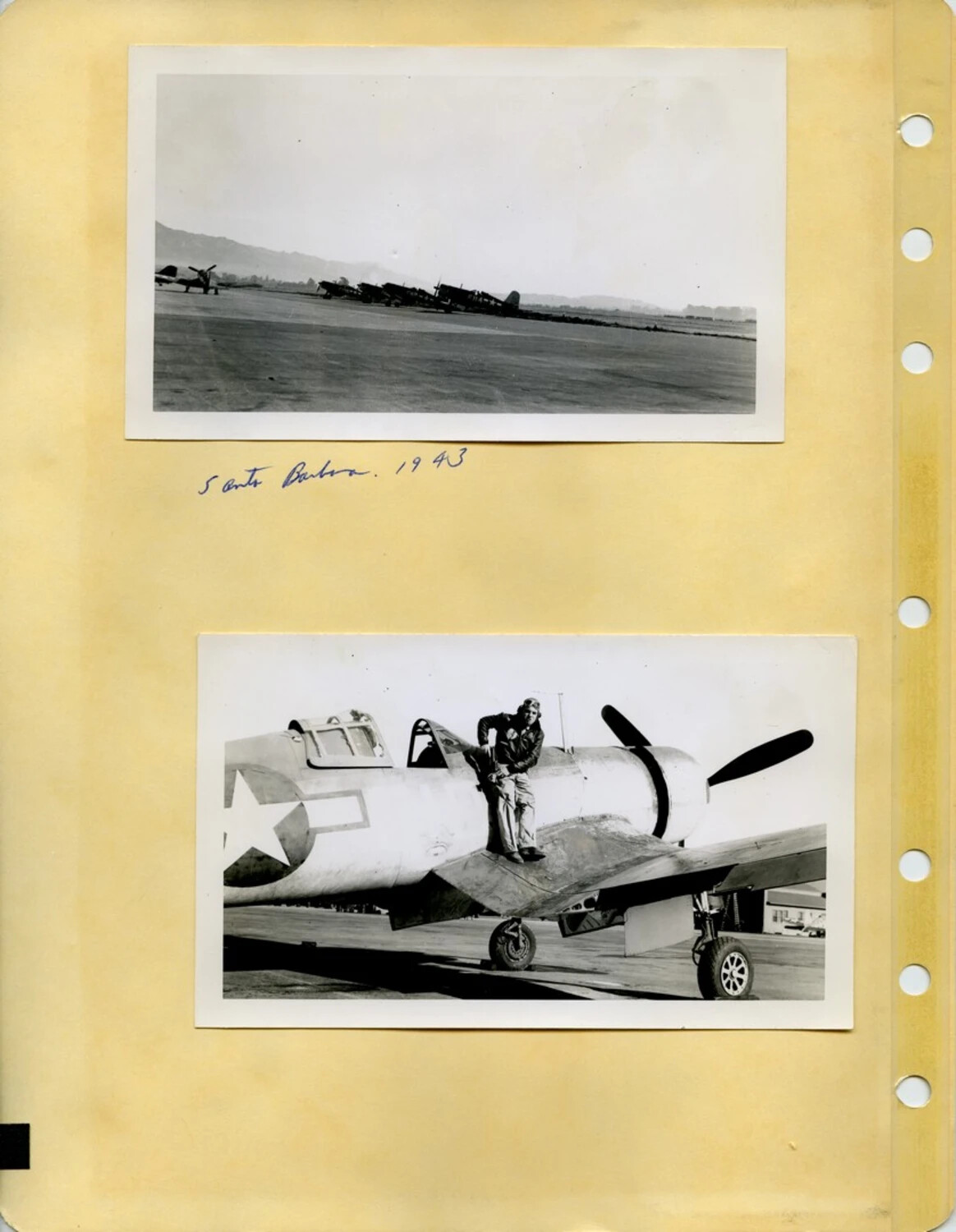 WWII Album Page: Flight Line at Santa Barbara, 1943, and Airman on P-47 Thunderbolt Wing
