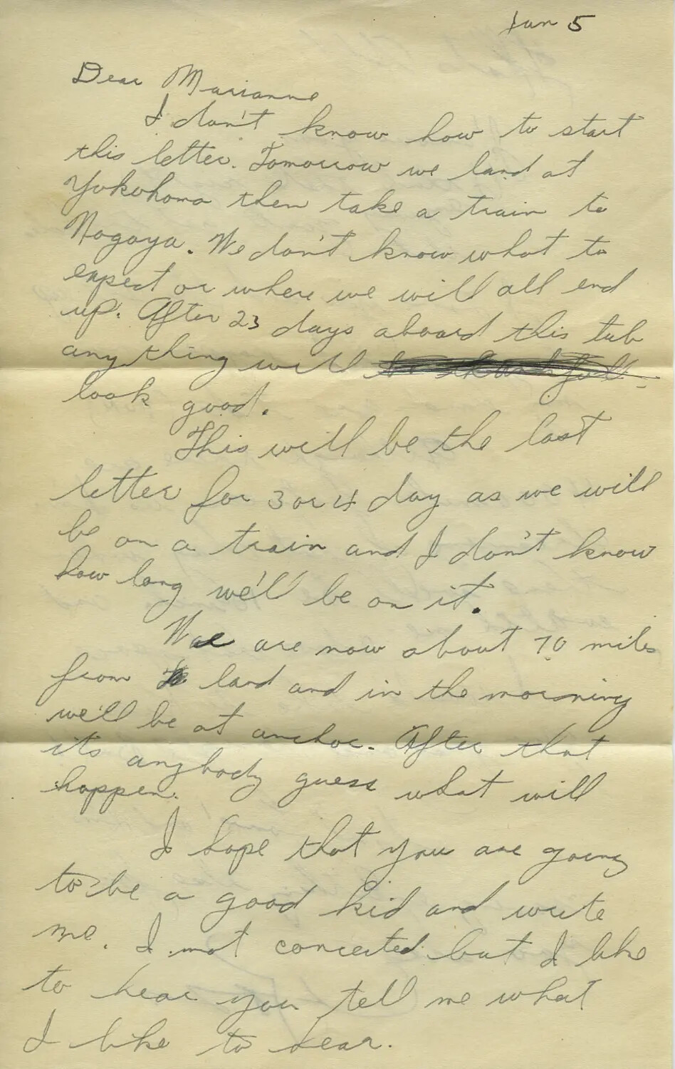 Handwritten Letter to 'Marianne' Describing Troopship Arrival at Yokohama, Japan