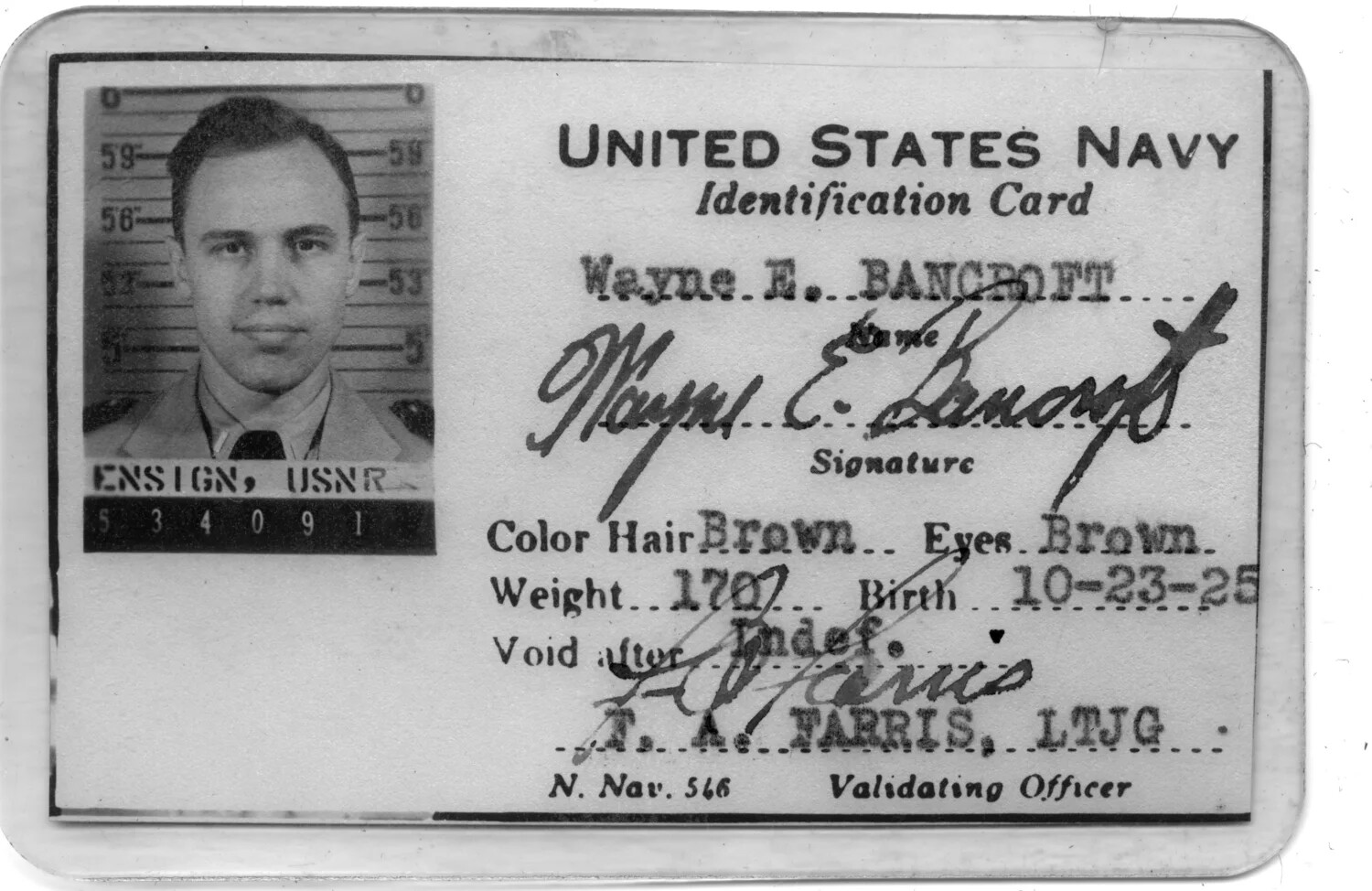 United States Navy Identification Card of Ensign Wayne E. Bancroft, USNR
