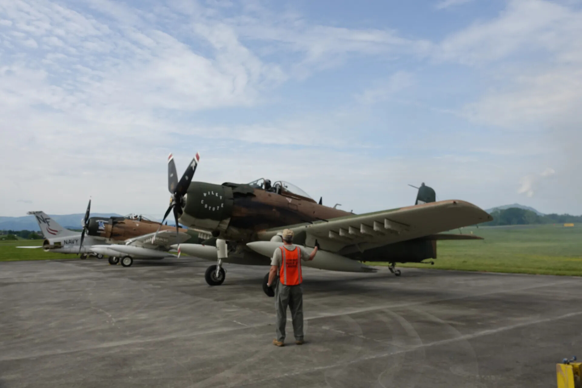A-1 Skyraider 'Wiley Coyote' Marshalled on Ramp, May 2019 Warbird Event
