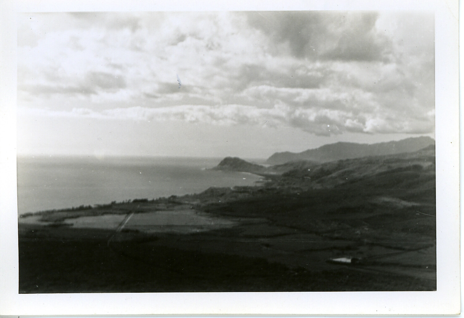 Aerial View of Hawaiian Coastline and Agricultural Fields, Oahu, World War II Era