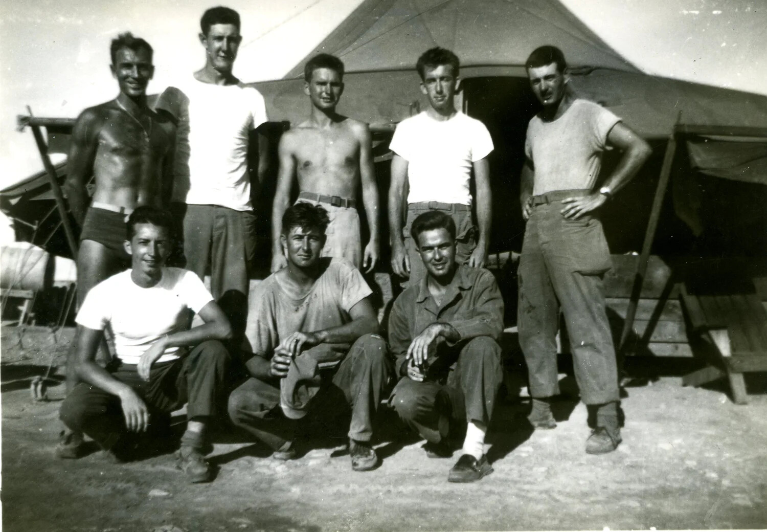 Group Portrait of U.S. Marines at Camp/Bivouac, Pacific Theater, WWII