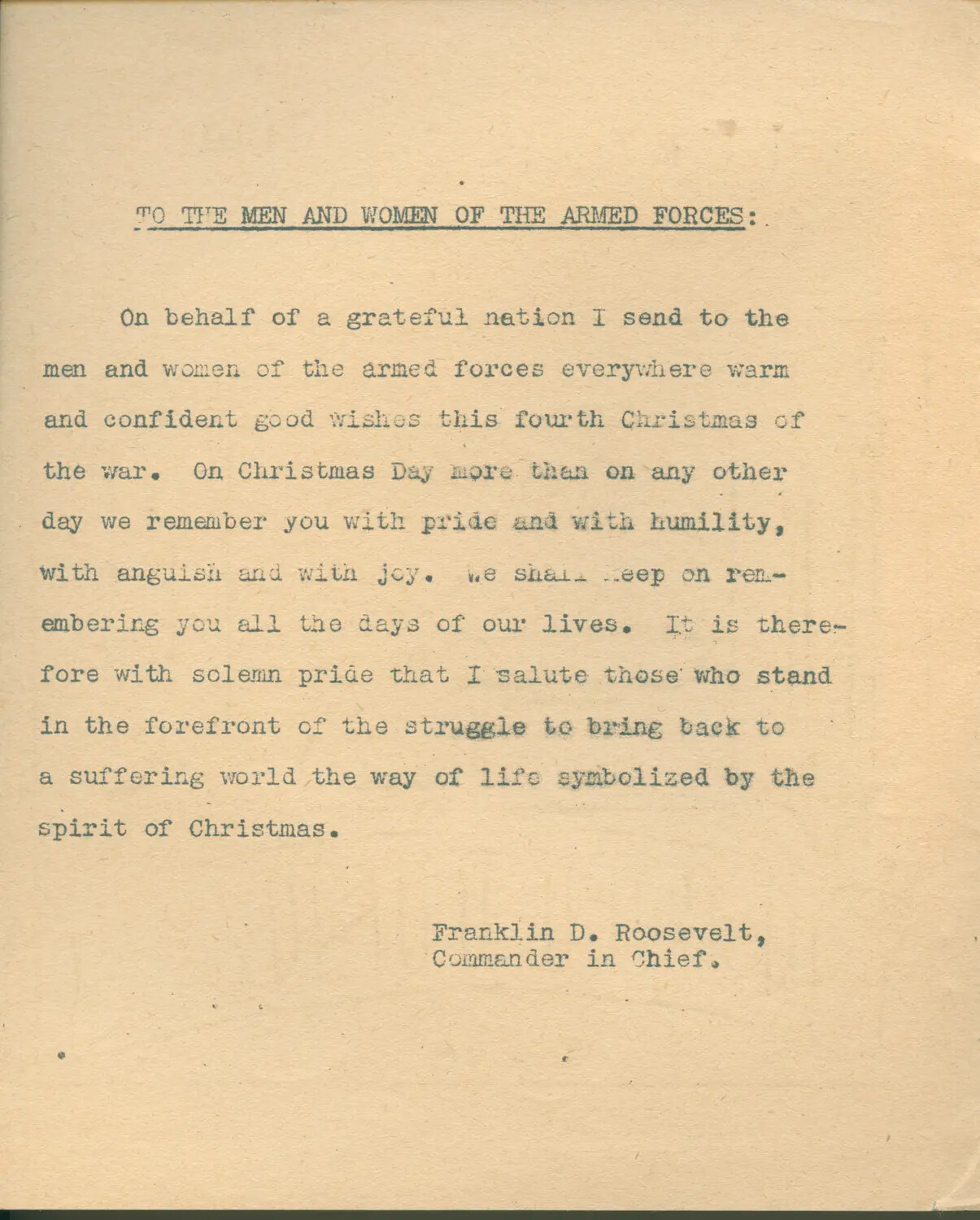 Franklin D. Roosevelt Christmas Message to the Armed Forces, December 1944 - USS Petrof Bay (CVE-80) Collection