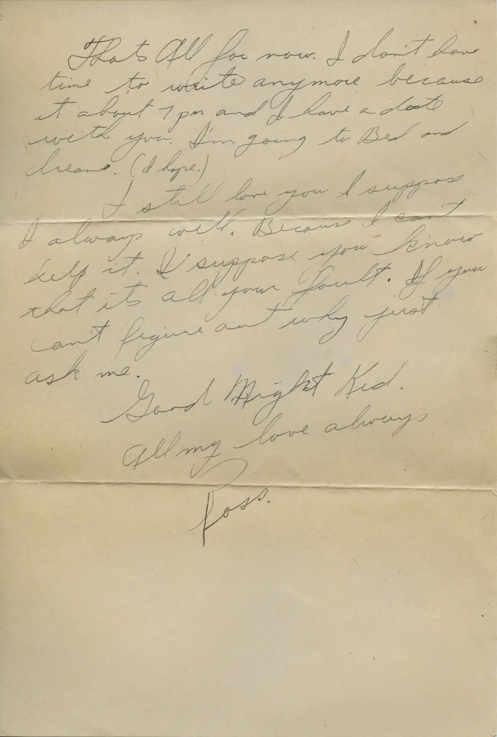 Handwritten WWII-Era Personal Letter, Page – Closing Endearment, Signed 'Ross'