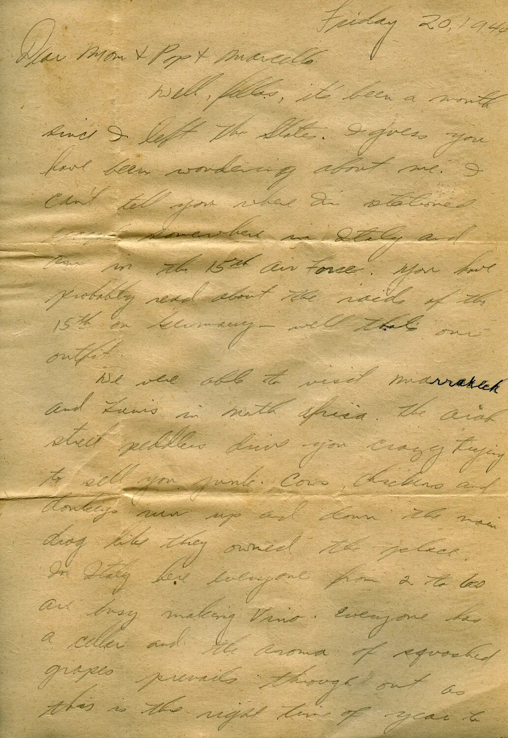 Handwritten WWII Letter from 15th Air Force Airman in Italy, Dated Friday, October 20, 1944