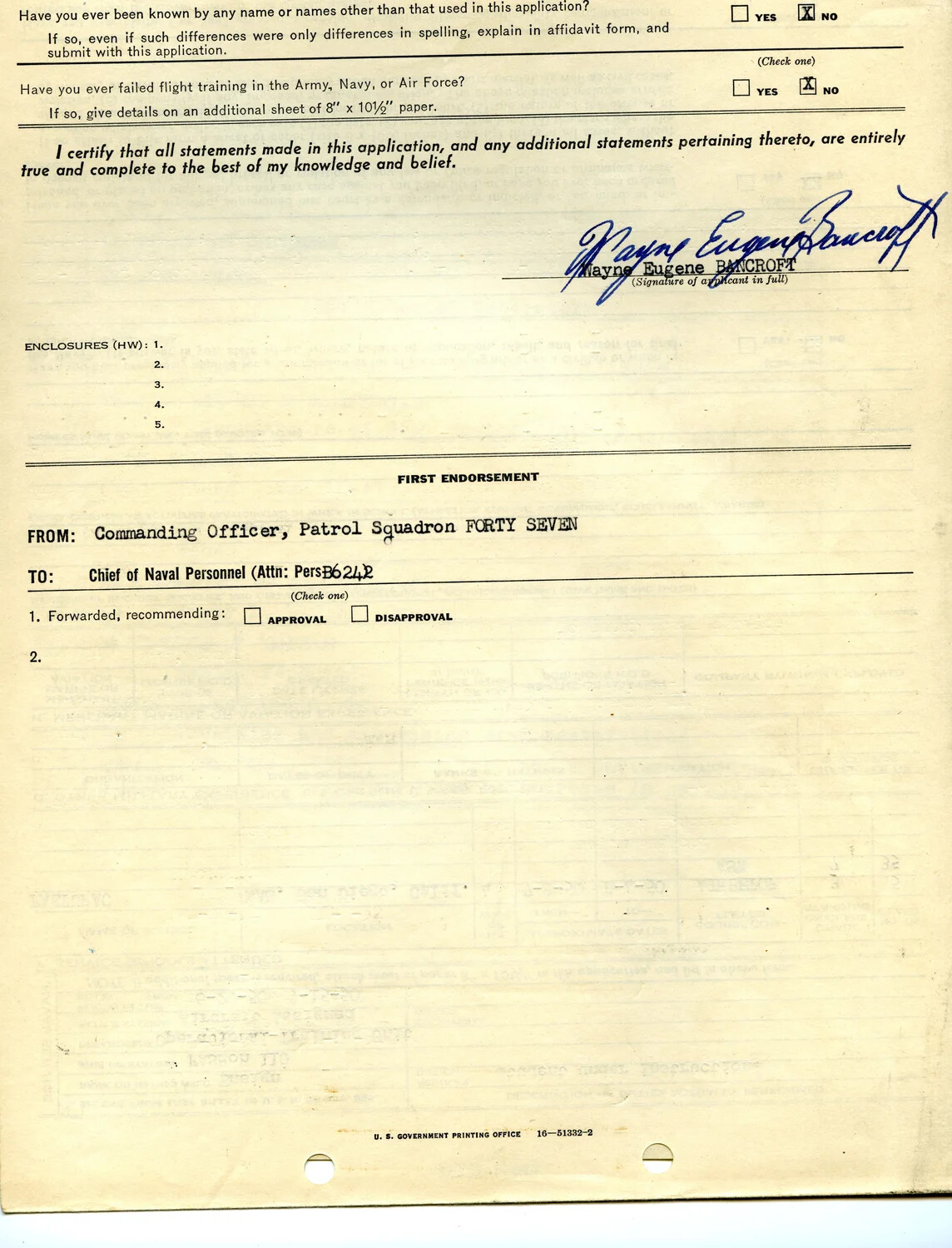 U.S. Navy Application Form, Second Page with Signature and First Endorsement, Lt. Wayne Eugene Bancroft, Patrol Squadron 47