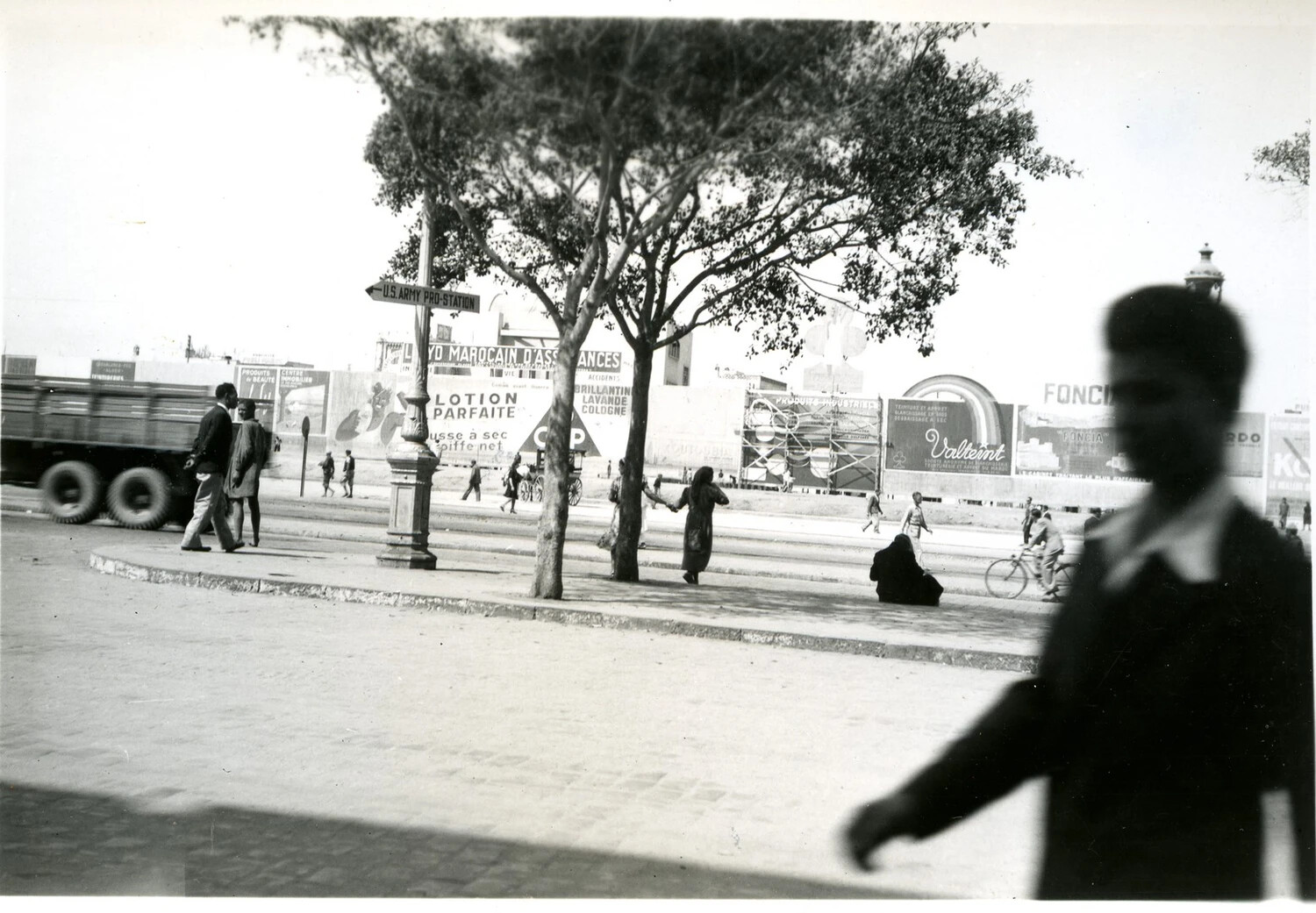 Street Scene with U.S. Army Pro-Station Sign, Casablanca, French Morocco, WWII Era