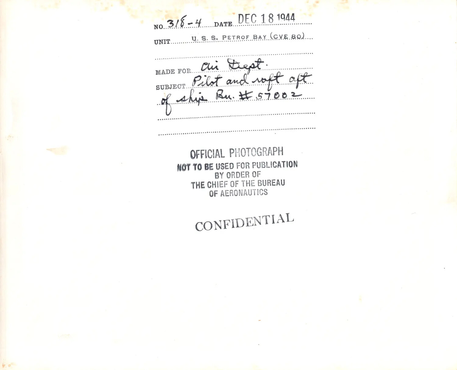 Verso/Caption Card, USS Petrof Bay (CVE-80) Official Navy Photograph, December 18, 1944