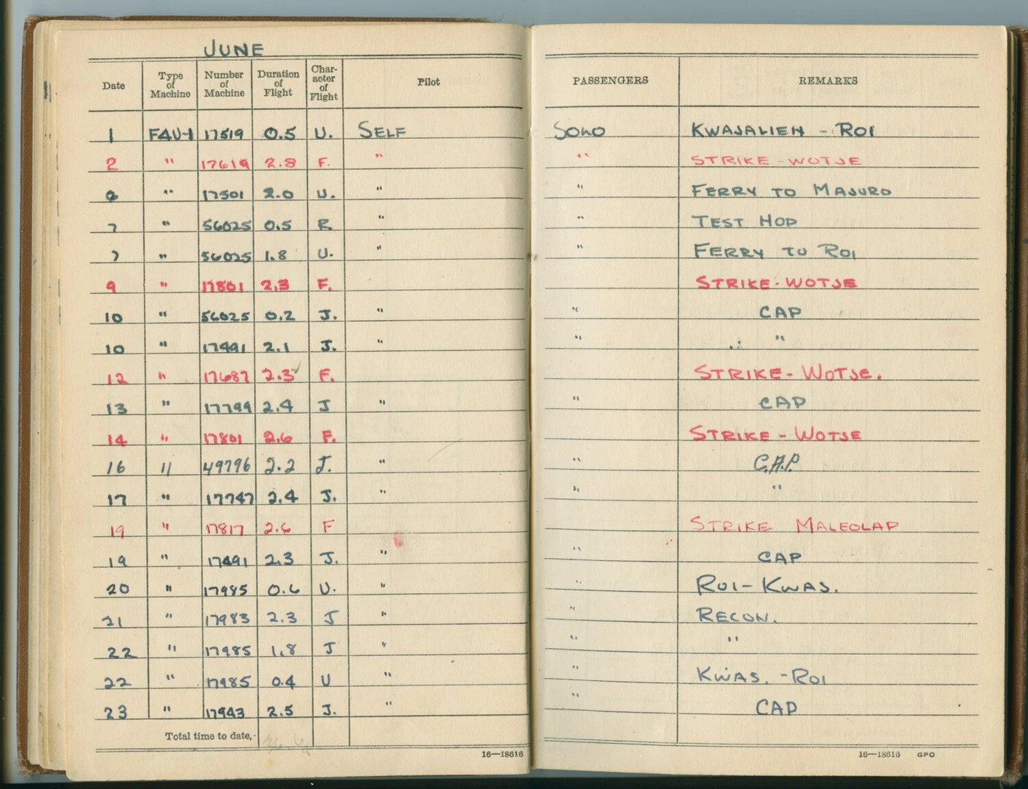 Page from Pat McAleer's WWII Naval Aviator Flight Log Book, June Entries — F4U-1 Corsair Strike Missions, Marshall Islands