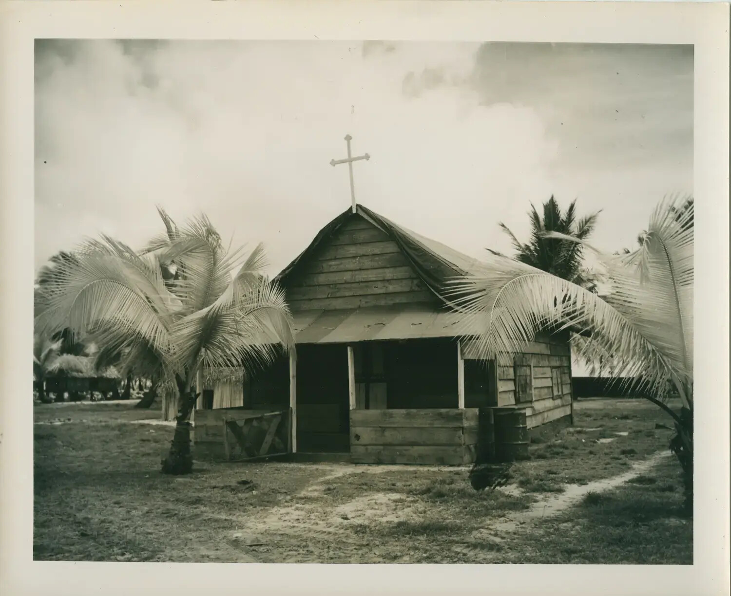Wooden Chapel with Cross on Pacific Island, WWII-era Photograph (USS Petrof Bay CVE-80 Collection)