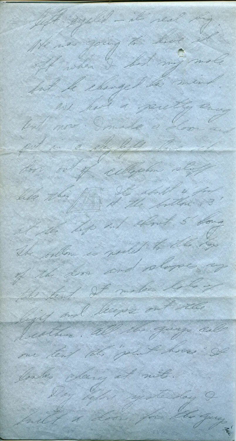 Handwritten Pencil Letter with Tent Skylight Sketch, WWII B-24 Belly Gunner Correspondence, 1944