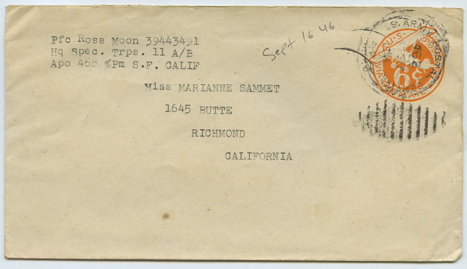 WWII/Post-War Era Envelope: Pfc Ross Moon, 11th Airborne Division, to Miss Marianne Sammet, September 1946