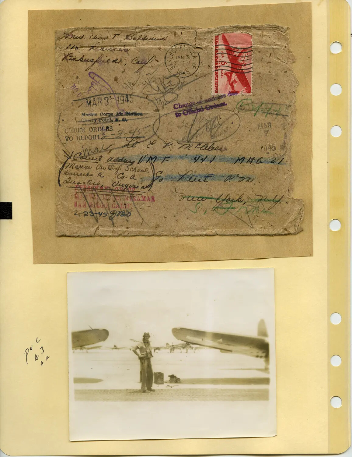 Multiply-Forwarded Wartime Envelope to Lt. E.P. McAleer, VMF-441/MAG-31, with Airfield Photograph, 1945