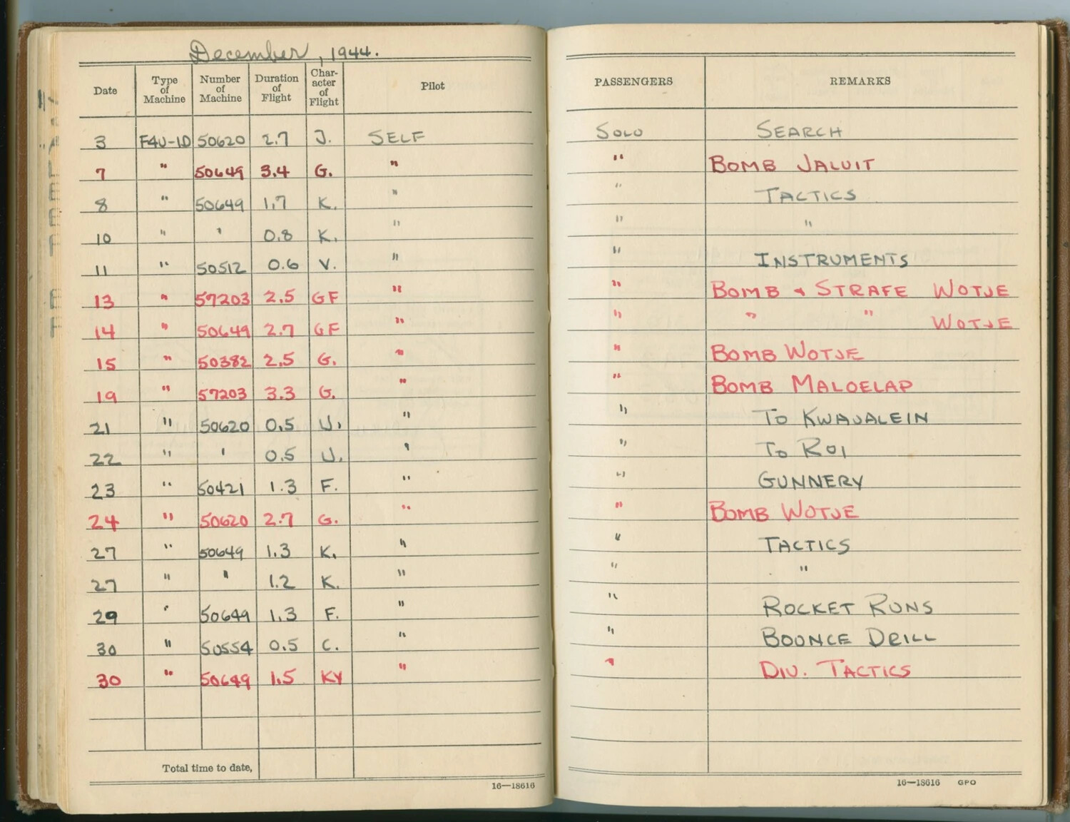 F4U-1D Corsair Pilot Logbook, December 1944 — Marshall Islands Neutralization Strikes, McAleer Collection